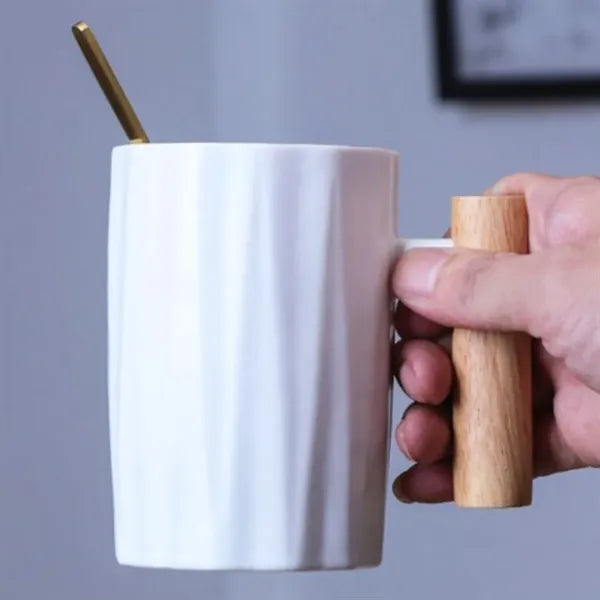 12oz. Ceramic Mug with Wooden Handle Lid and Spoon