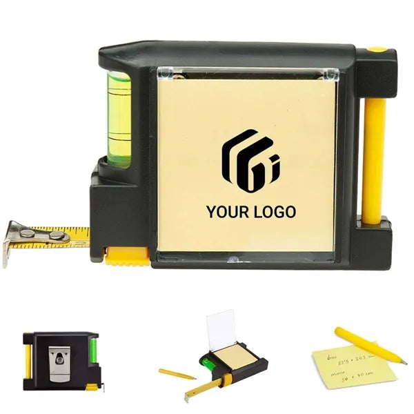 Portable multi tool level sticky note measuring tape measure
