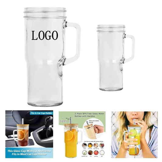 Large Capacity Bamboo Lid Mason Glass Straw Cup