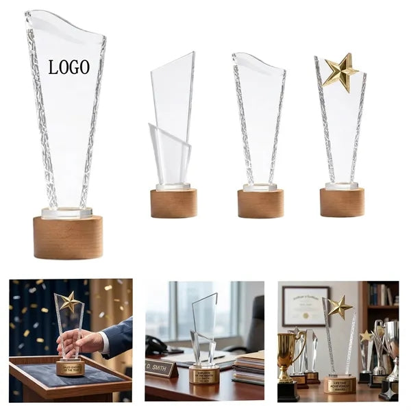 Creative Crystal Trophy With Solid Wood Engraving Award