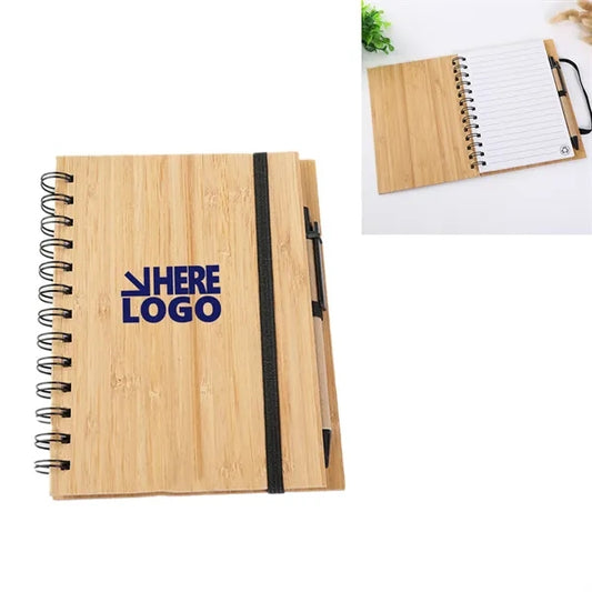 Bamboo Hard Cover Spiral Notebook w/Pen