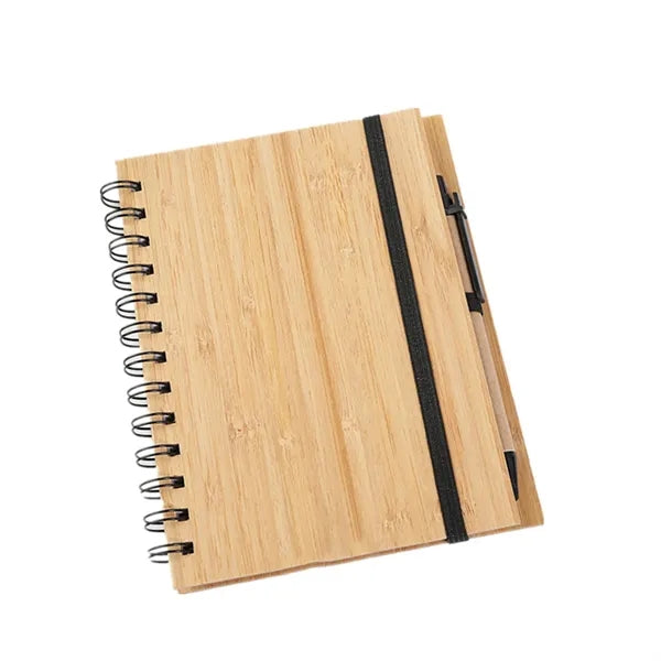 Bamboo Hard Cover Spiral Notebook w/Pen