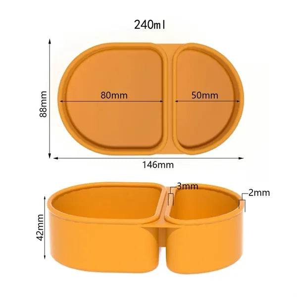 Portable 2-Compartment Silicone Container with Tethered Lid