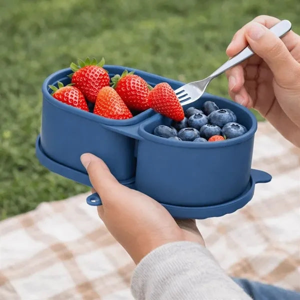 Portable 2-Compartment Silicone Container with Tethered Lid