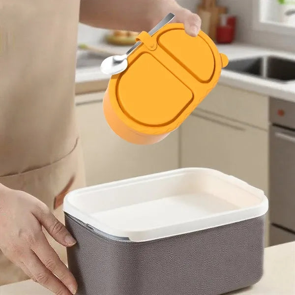 Portable 2-Compartment Silicone Container with Tethered Lid