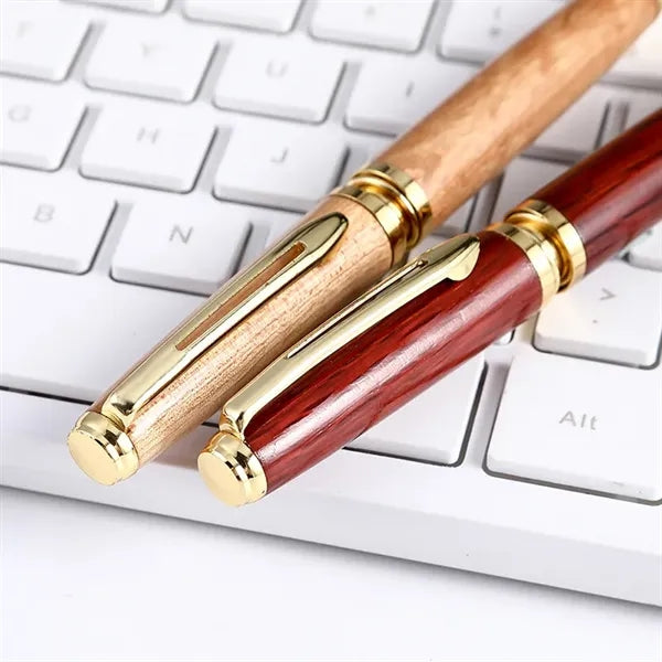Vintage Wood Ballpoint Pen Gold Clip Blue Black Ink