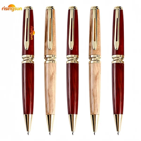 Vintage Wood Ballpoint Pen Gold Clip Blue Black Ink