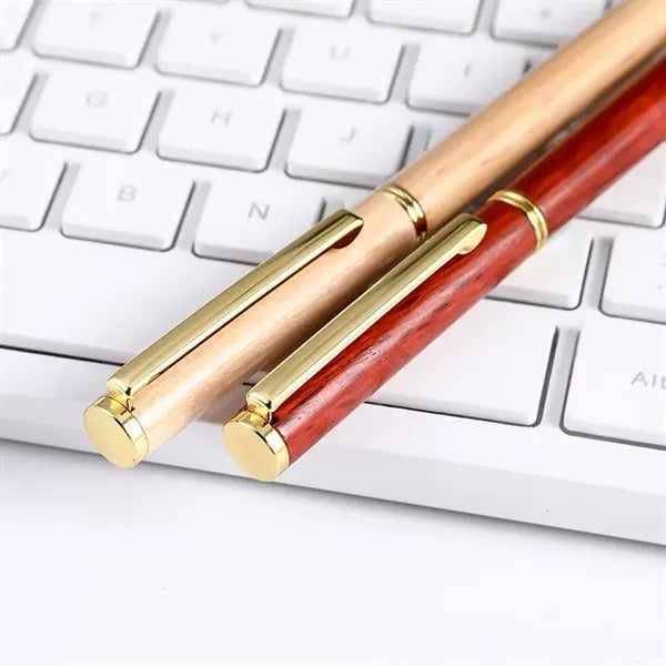 Natural Real Wood Gold Color Clip Ballpoint Pen
