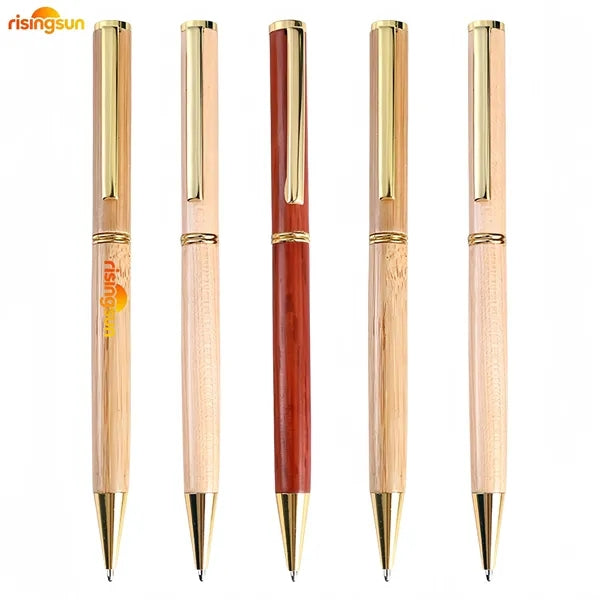 Natural Real Wood Gold Color Clip Ballpoint Pen