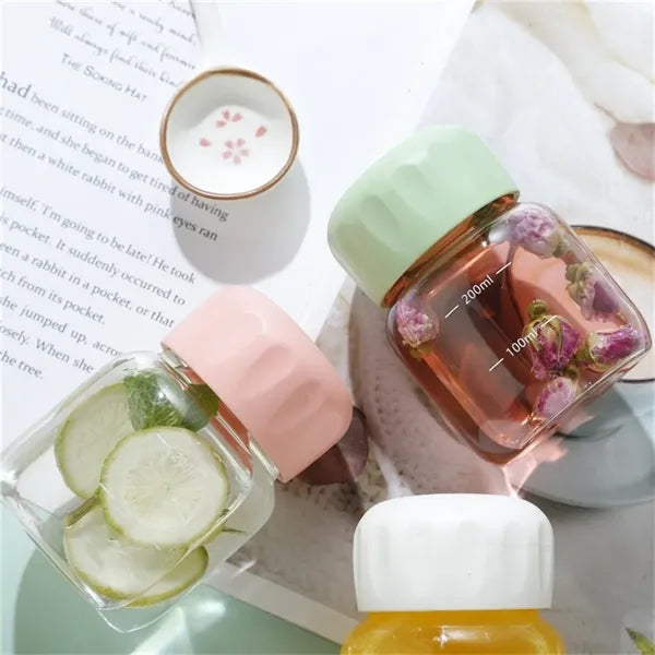 10oz Mini Glass Water Bottle with Scale and Leakproof Lid