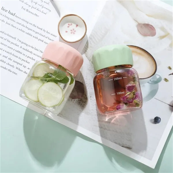 10oz Mini Glass Water Bottle with Scale and Leakproof Lid