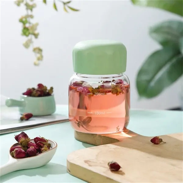 10oz Mini Glass Water Bottle with Scale and Leakproof Lid