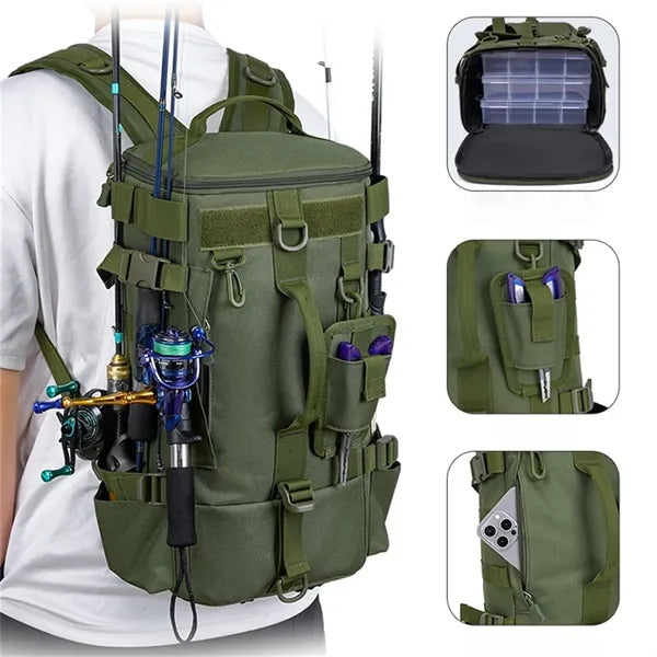 Fishing Tackle Backpack with Multi Rod Holders Tool Pockets