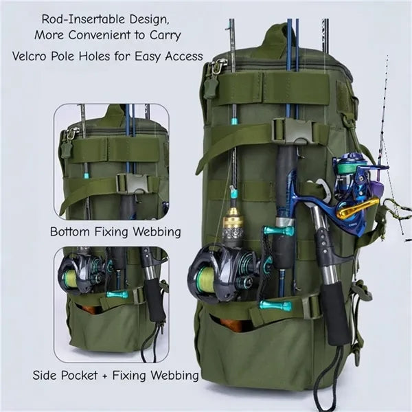 Fishing Tackle Backpack with Multi Rod Holders Tool Pockets