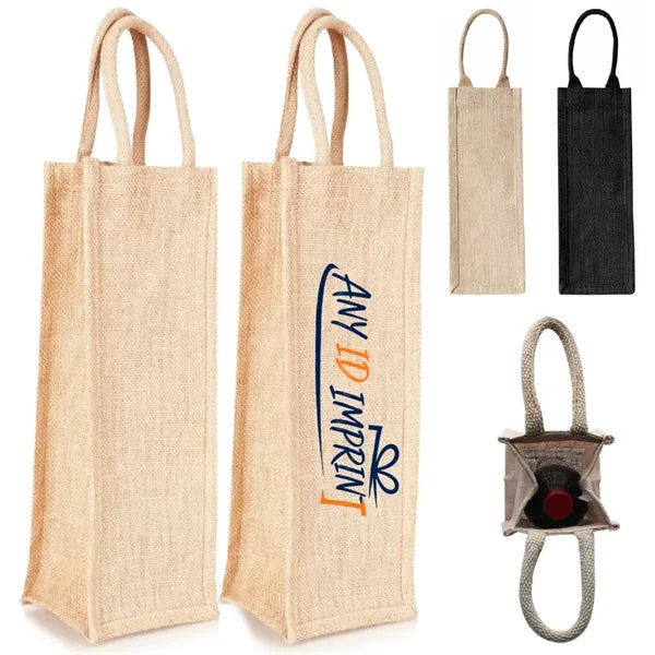 Jute Single Bottle Wine Tote Bag with Carry Handles