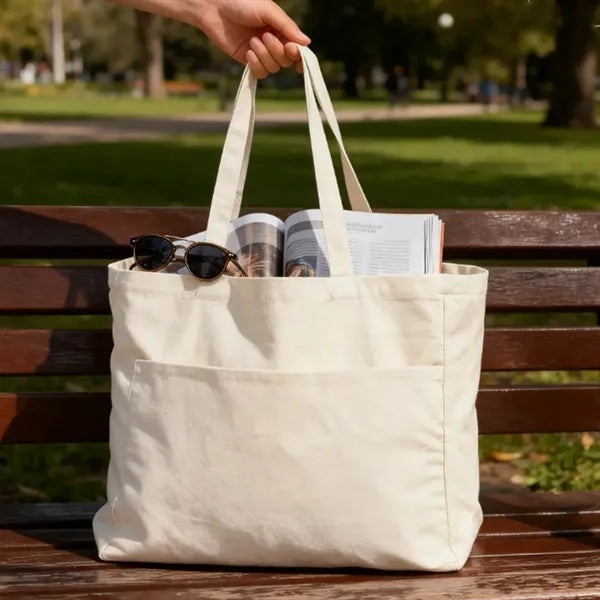 Cotton Canvas Tote Bag with Front Pocket and Long Handles