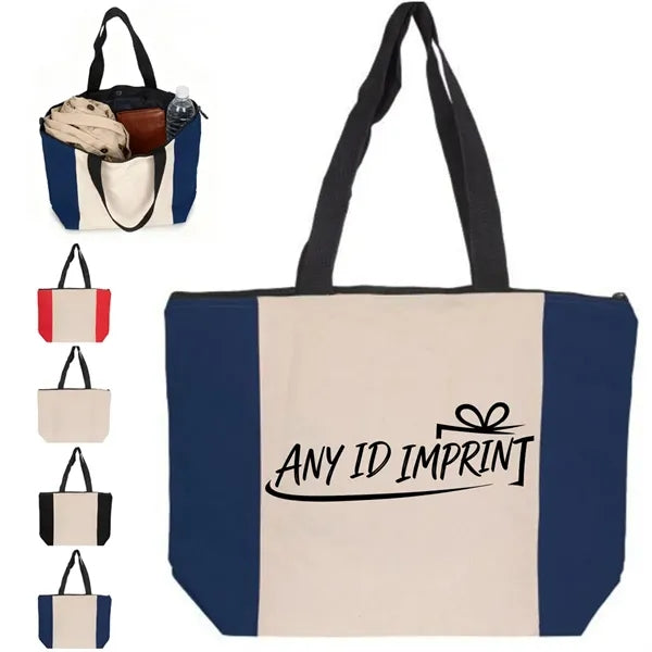 Two Tone Canvas Tote Bag with Zipper Closure