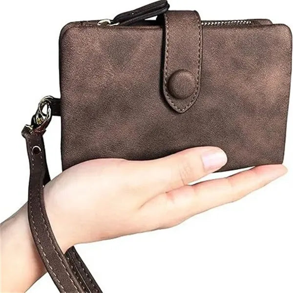 Matte PU Leather Trifold Wallet with Wrist Strap