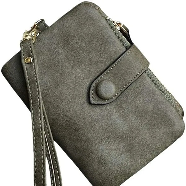 Matte PU Leather Trifold Wallet with Wrist Strap