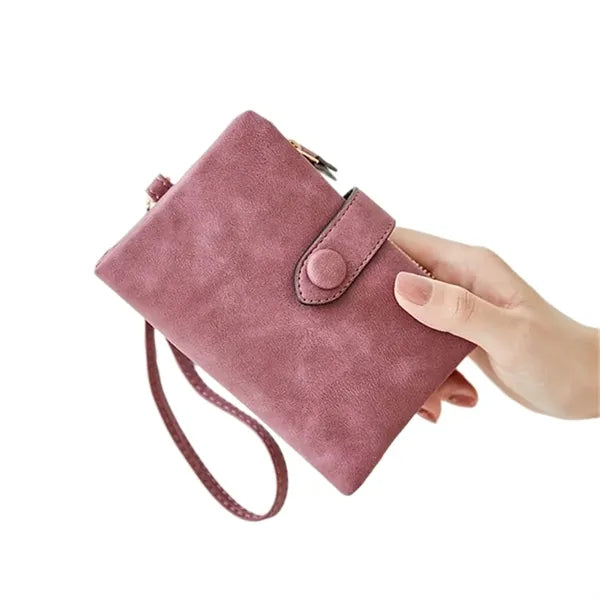 Matte PU Leather Trifold Wallet with Wrist Strap