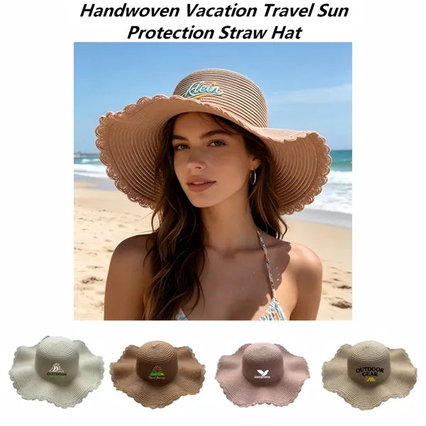 Wavy Brim Travel Sun Protection Straw Hat for Hiking Beach a