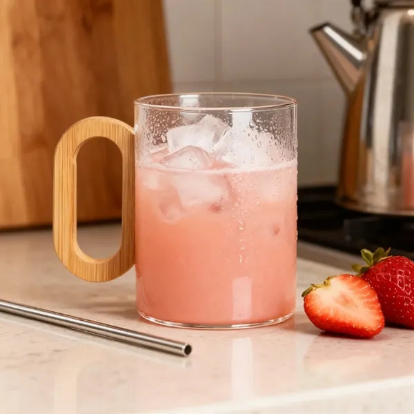 15 oz. Clear Glass Mug with Bamboo Handle and Logo