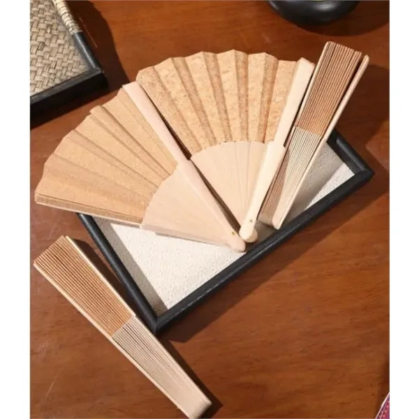 9'' Eco-Friendly Folding Manual Wood Hand Fan With Cork Fab