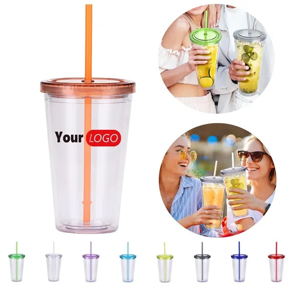 16oz Straight Double Wall Plastic Tumbler With Lid
