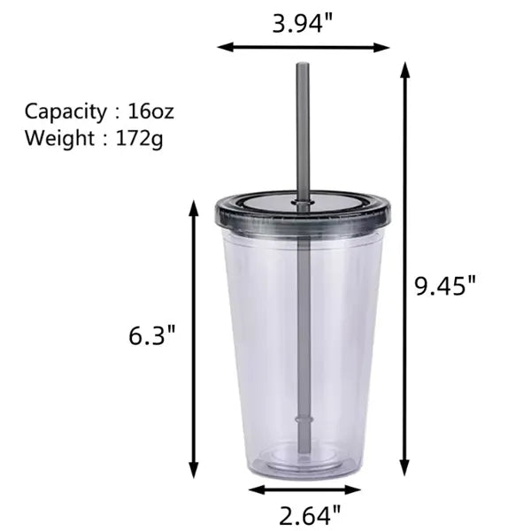 16oz Straight Double Wall Plastic Tumbler With Lid