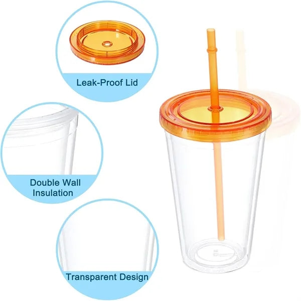 16oz Straight Double Wall Plastic Tumbler With Lid
