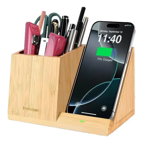 Bamboo Wireless Charging Desk Organizer