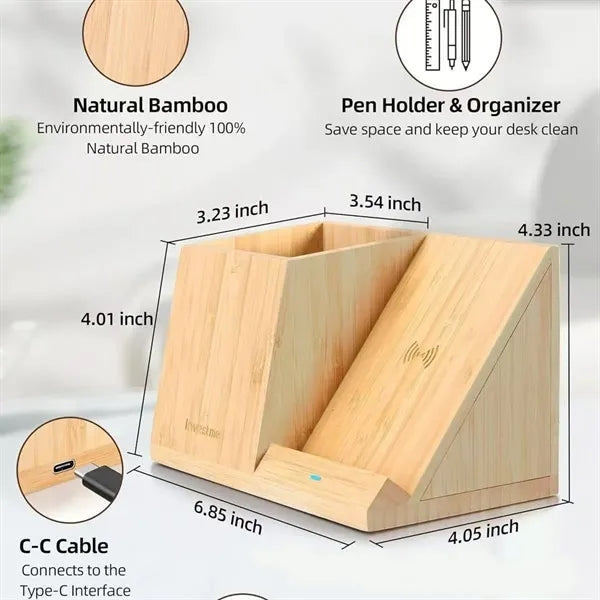 Bamboo Wireless Charging Desk Organizer