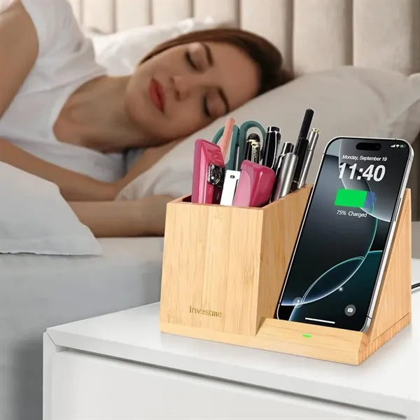 Bamboo Wireless Charging Desk Organizer
