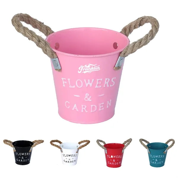 Vintage Metal Storage Bucket Rope Handle Flower Pot