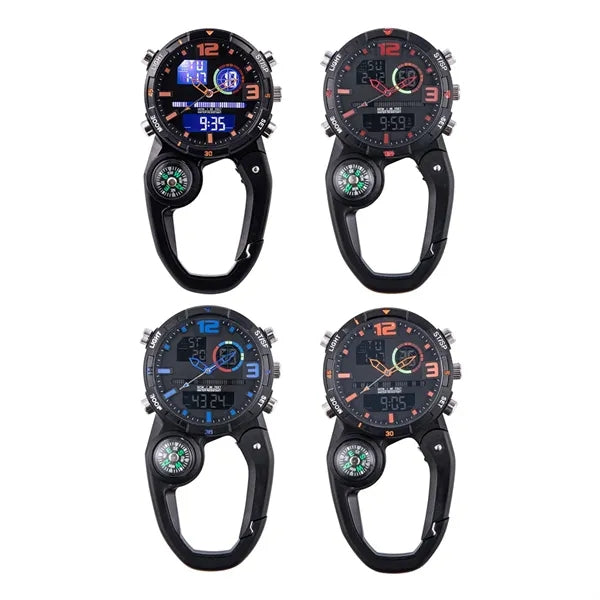 Dual Movement Outdoor Carabiner Clip Watch with Compass
