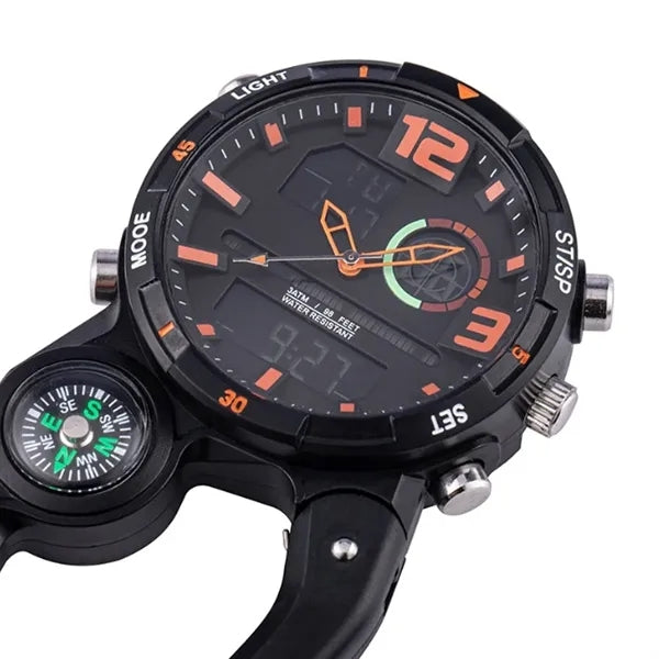 Dual Movement Outdoor Carabiner Clip Watch with Compass
