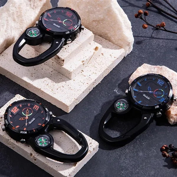 Dual Movement Outdoor Carabiner Clip Watch with Compass
