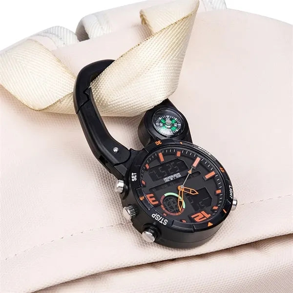 Dual Movement Outdoor Carabiner Clip Watch with Compass