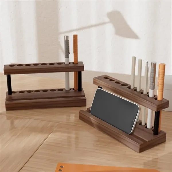 Wood Desk Organizer Pen Holder With Phone Stand