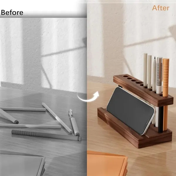 Wood Desk Organizer Pen Holder With Phone Stand