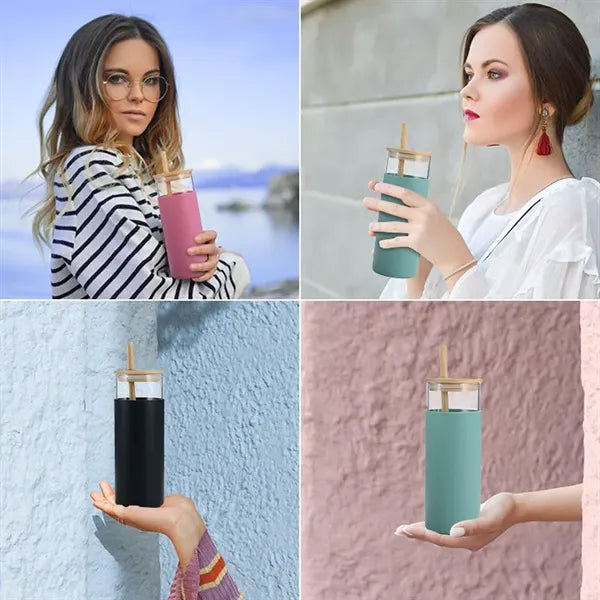 17 OZ Glass Tumbler Bamboo Lid Straw Cup w/ Silicone Sleeve