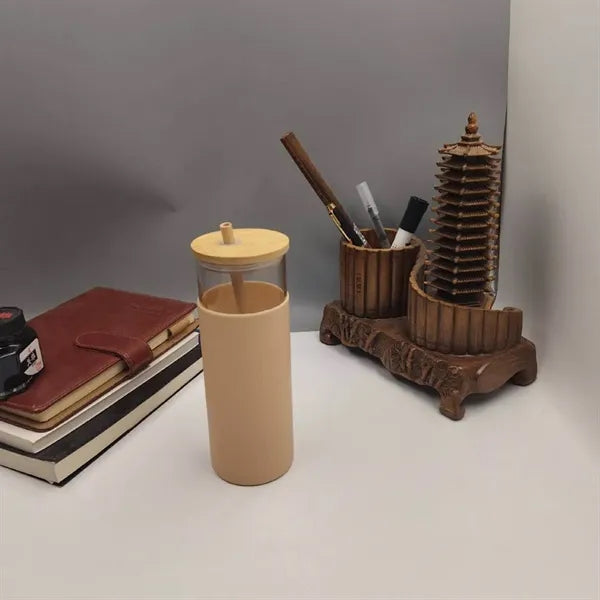17 OZ Glass Tumbler Bamboo Lid Straw Cup w/ Silicone Sleeve