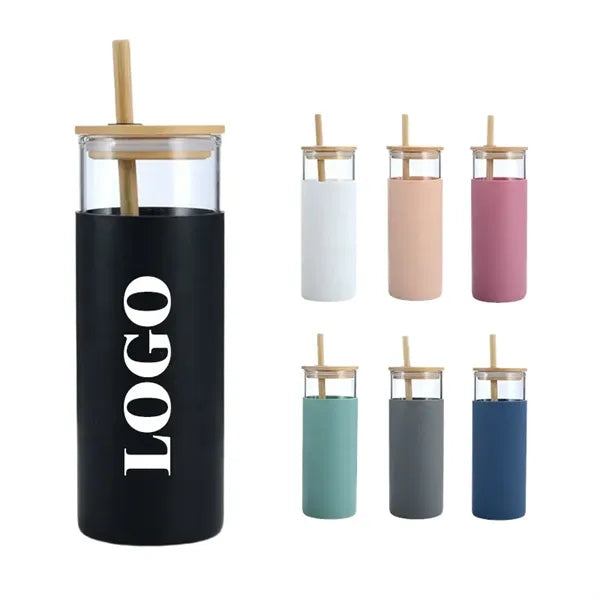 17 OZ Glass Tumbler Bamboo Lid Straw Cup w/ Silicone Sleeve