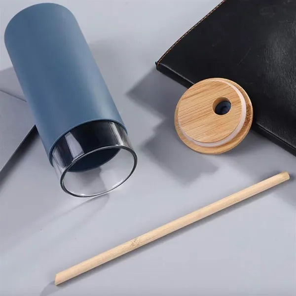 17 OZ Glass Tumbler Bamboo Lid Straw Cup w/ Silicone Sleeve