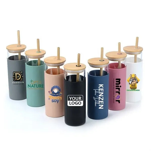 17 OZ Glass Tumbler Bamboo Lid Straw Cup w/ Silicone Sleeve