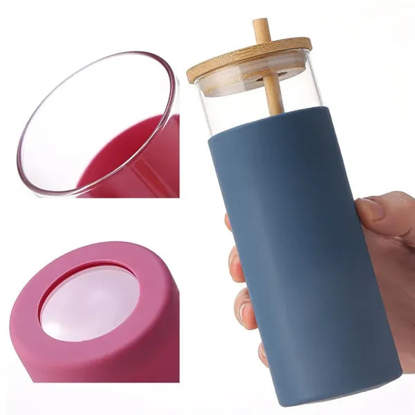 17 OZ Glass Tumbler Bamboo Lid Straw Cup w/ Silicone Sleeve