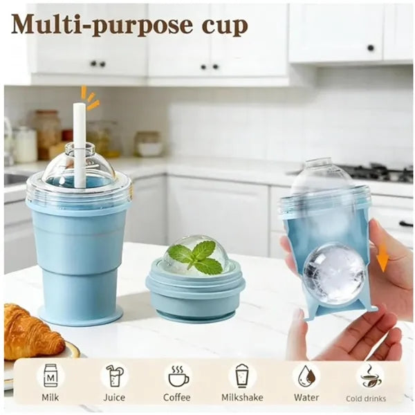 2 in 1 Collapsible Silicone Ice Ball Maker Cup with Straw