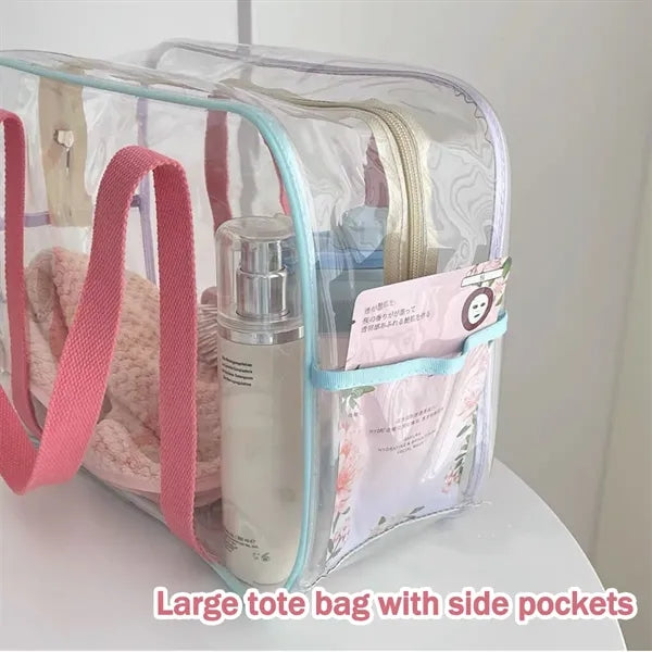 Clear PVC Beach Tote Zipper Shoulder Bag Women Pink