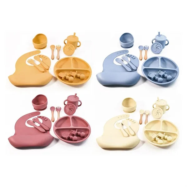 10-Piece Silicone Infant Feeding Set w/ Wood-Handle Utensils