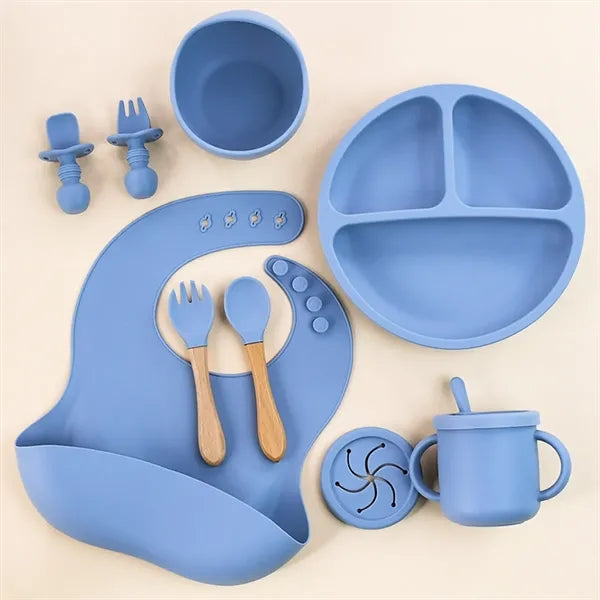 10-Piece Silicone Infant Feeding Set w/ Wood-Handle Utensils